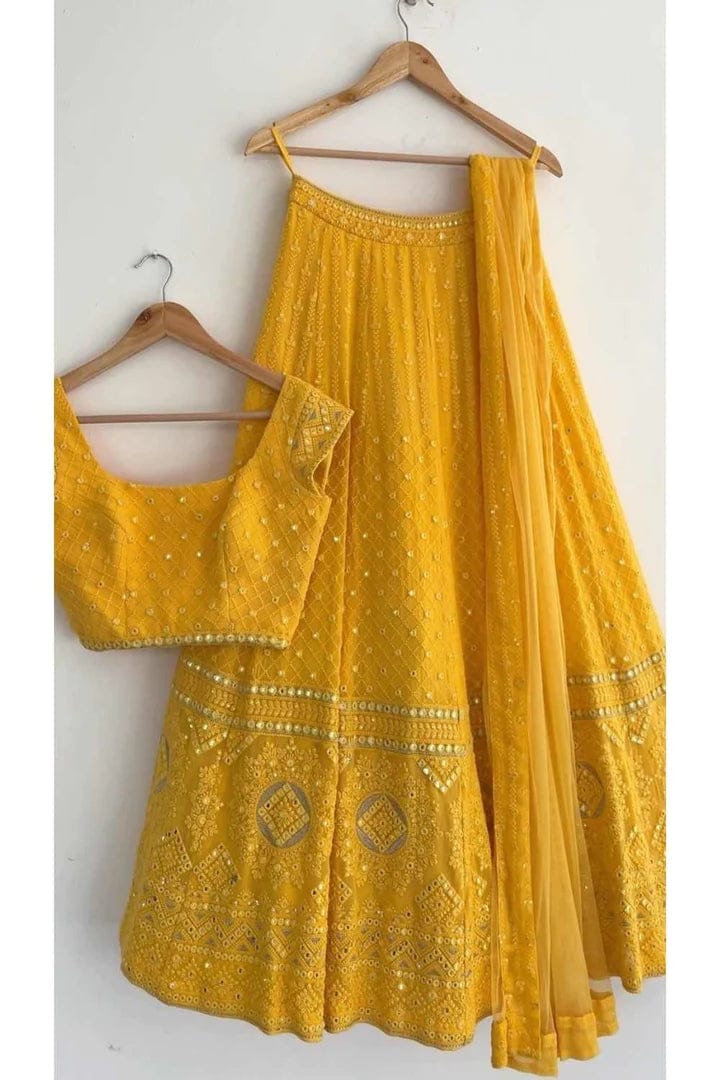 Bright Yellow Printed Semi-stitched Lehenga Choli With Dupatta– Inddus.in