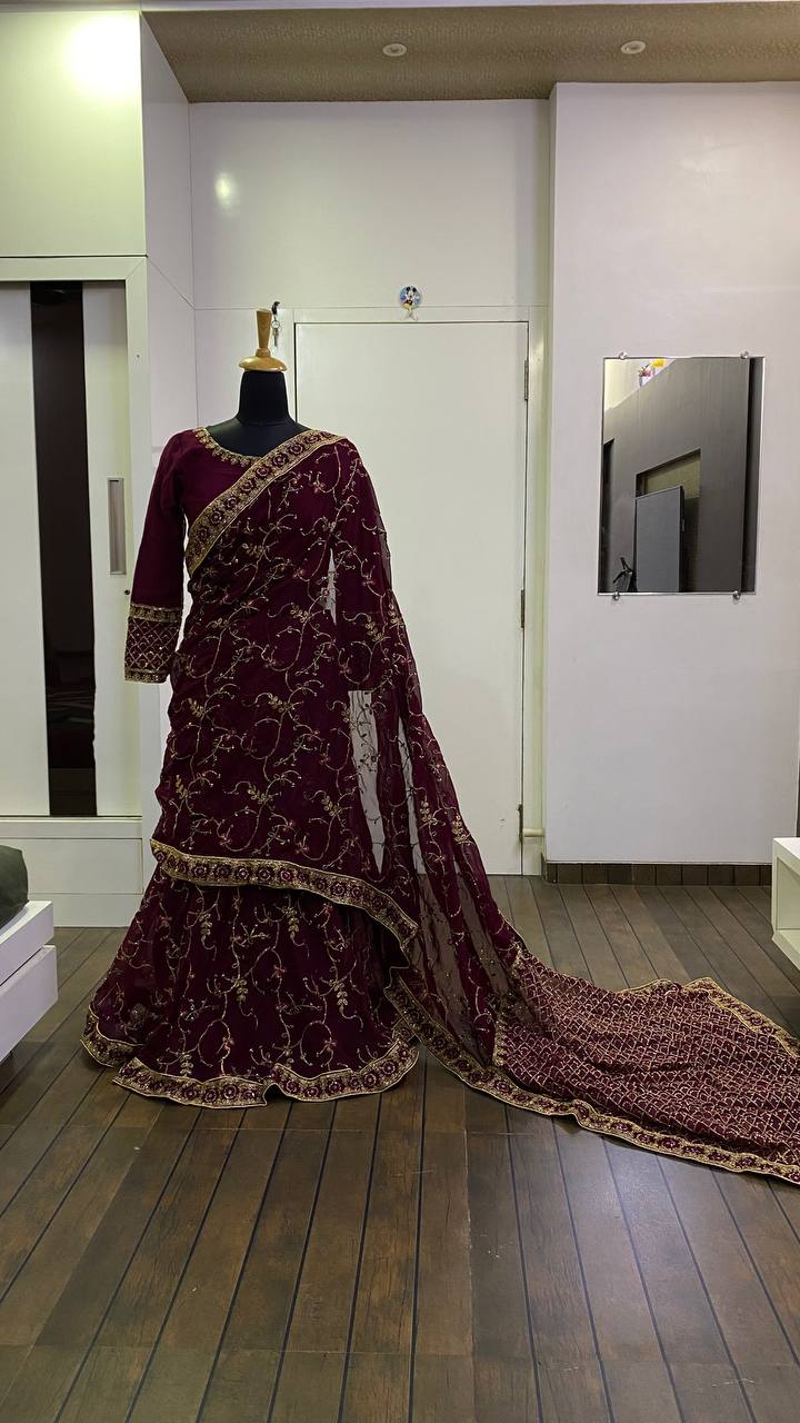 Ruffle layer party wear lehenga saree with stitched blouse