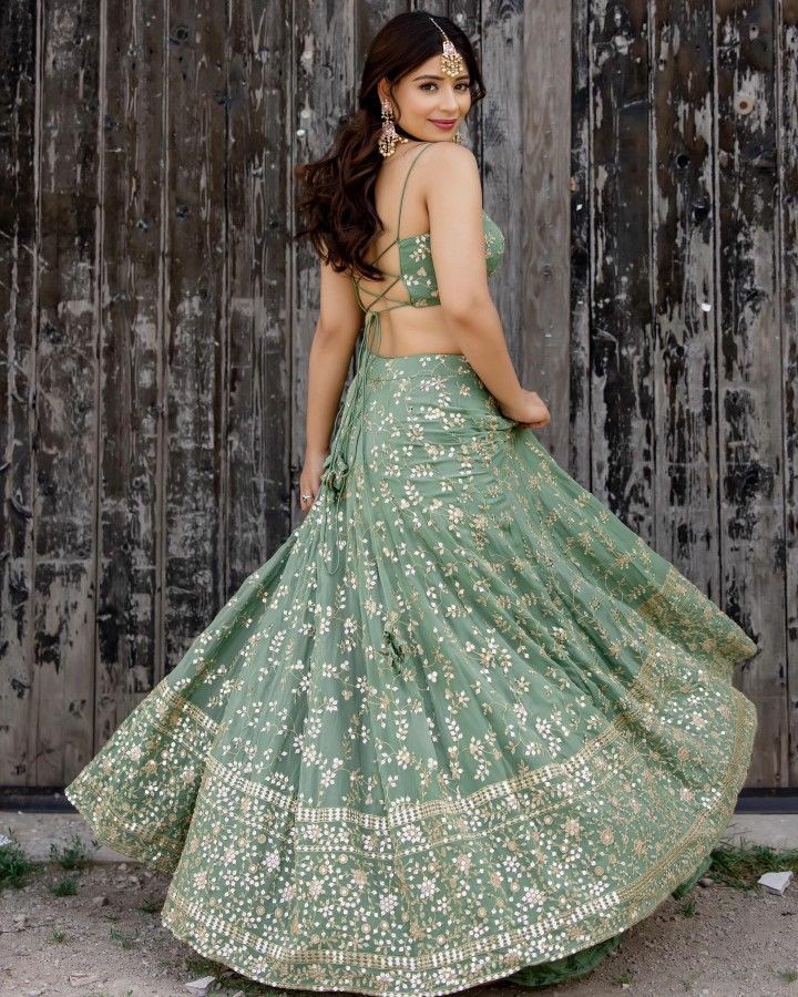 DESIGNER FANCY PARTY WEAR GEORGETTE GREEN LEHENGA CHOLI WITH SEQUENCE WORK  42 SIZE FULL STITCHED - shreematee - 4214973