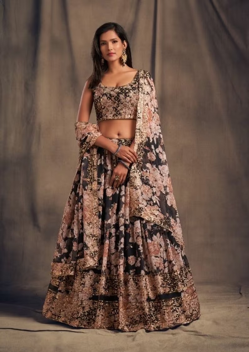 Multi-color readymade organza lehenga floral printed skirt, round-neck with  sleeveless crop top & net ruffle dupatta
