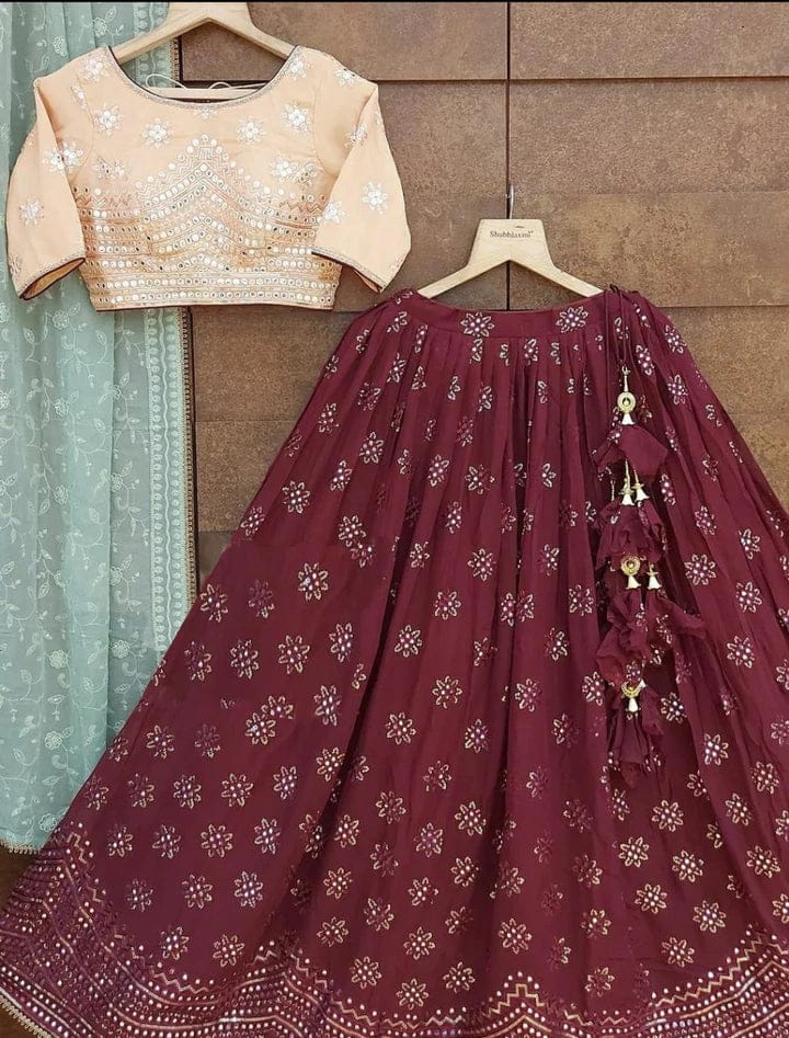 Designer Maroon Georgette sequin work and Embroidery Lehenga and CropTop. |  Sai Vasthra