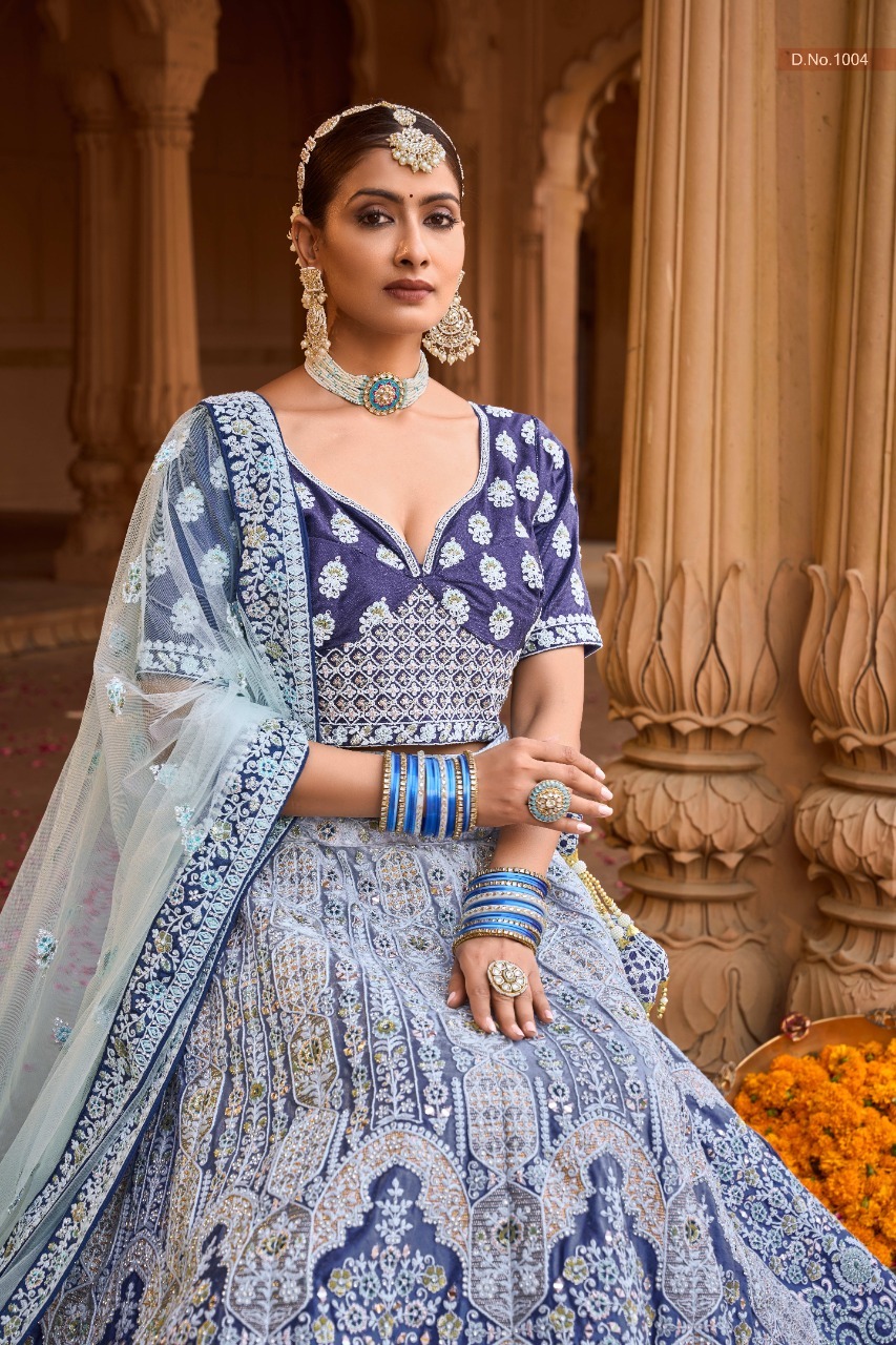 Royal Look Navy Blue Color Indian Wedding Designer Bridal Velvet Handwork  lehenga choli for Bridal with Cotton thread embroidery work. 