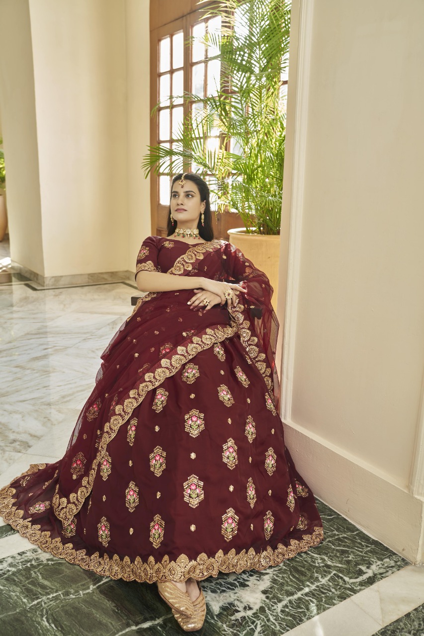 Maroon Color Soft Net Material Lehenga With Mirror And Dori Work
