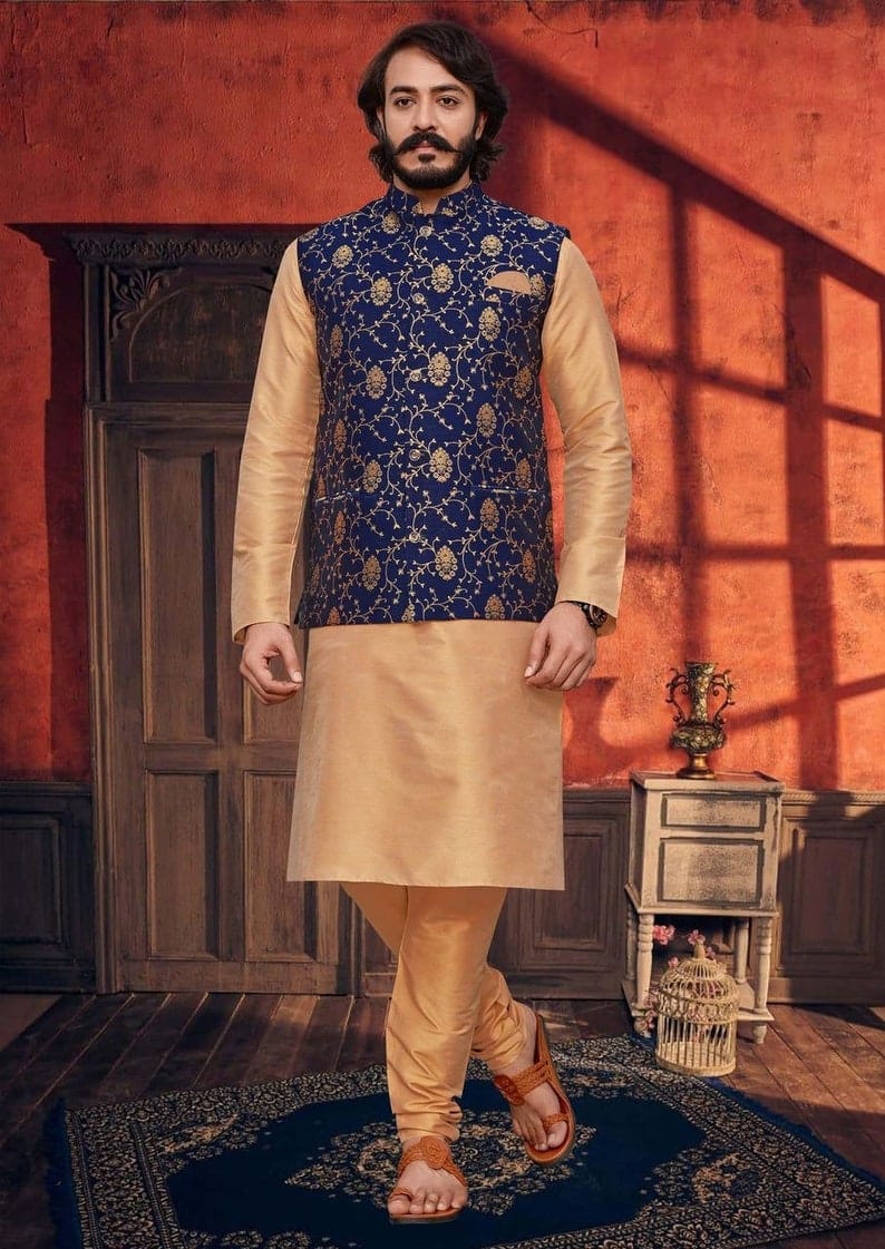 Blue Colour Designer Kurta Pajama Jacket in Banarasi Silk Fabric.