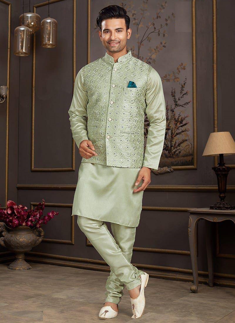 Cream pure-silk jacket kurta set features silk plain design full-sleeve  kurta & pants, intricately designed jacket