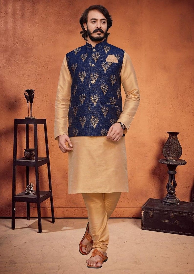 Turquoise Golden Lotus Nehru Jacket Kurta Set |Boys Ethnic  Wear|lovelyweddingmall.com