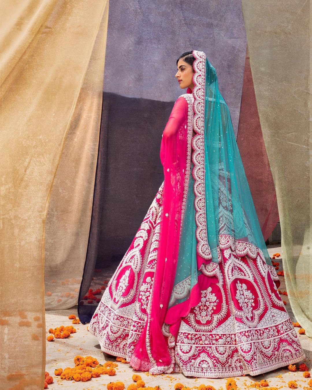 Teal Blue and Pink Floral Sequins Embellished Lehenga Choli