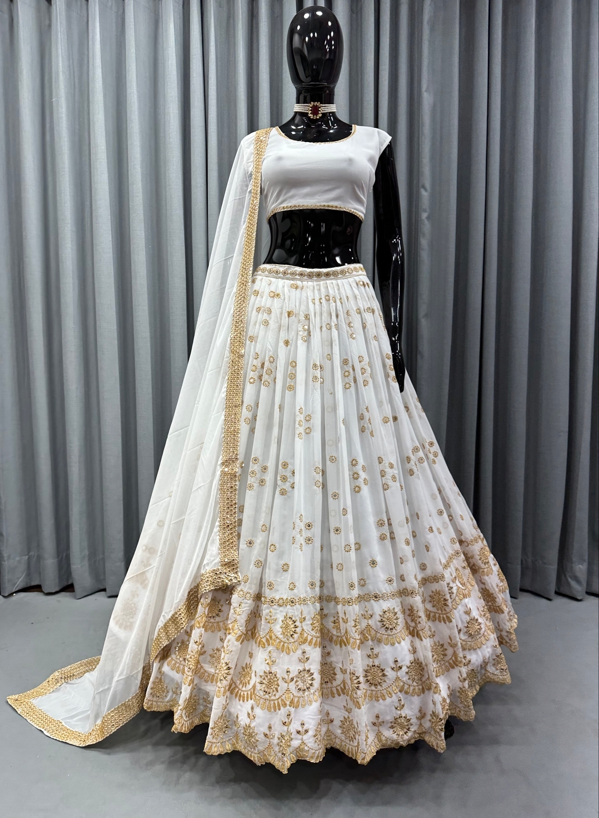 Buy Pearl White And Golden Party Wear Lehenga Choli With Mirror Work Online  | Like A Diva