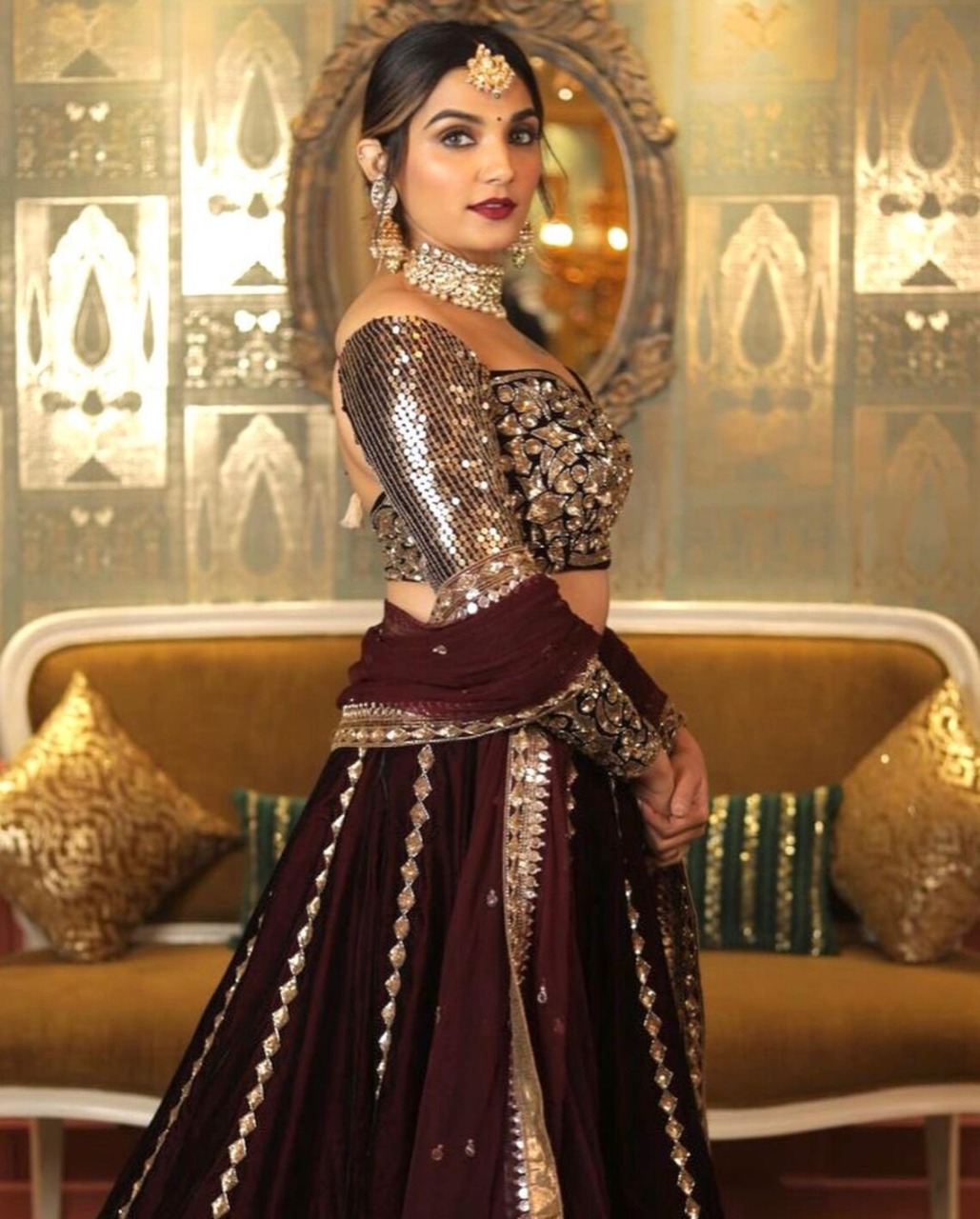 Buy Wine Color Sequined Georgette Party Lehenga Choli From Ethnic Plus