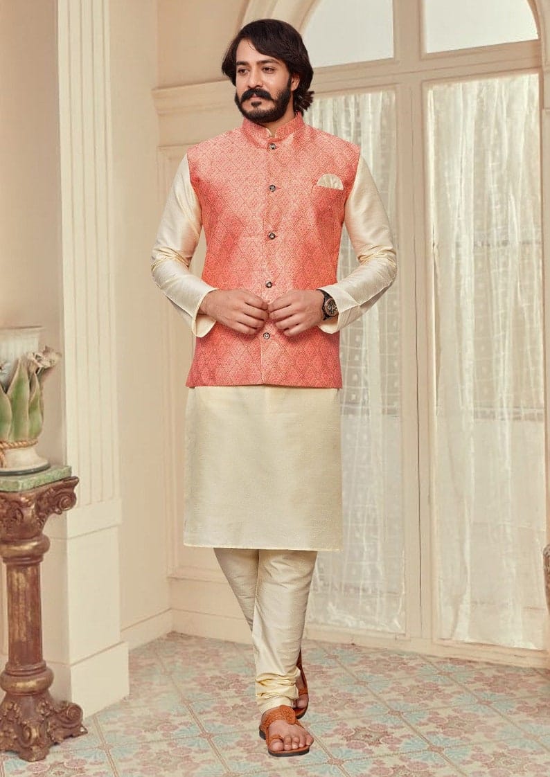 Handmade Royal Gold Kurta Pajama Nehru Modi Jacket Set - Rajanyas - 4171923