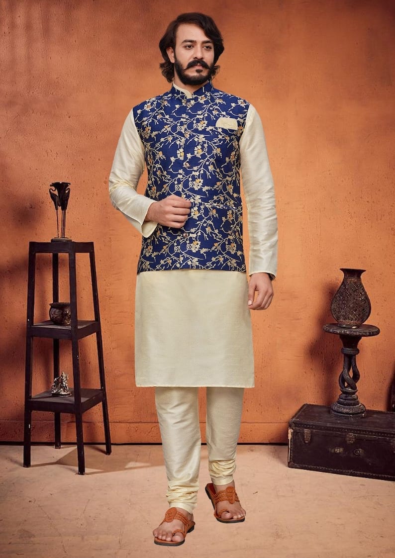 Buy Stunning Beige Color Function Wear Readymade Men Kurta Pyjama With Jac  online from SareesBazaar IN at lowest prices
