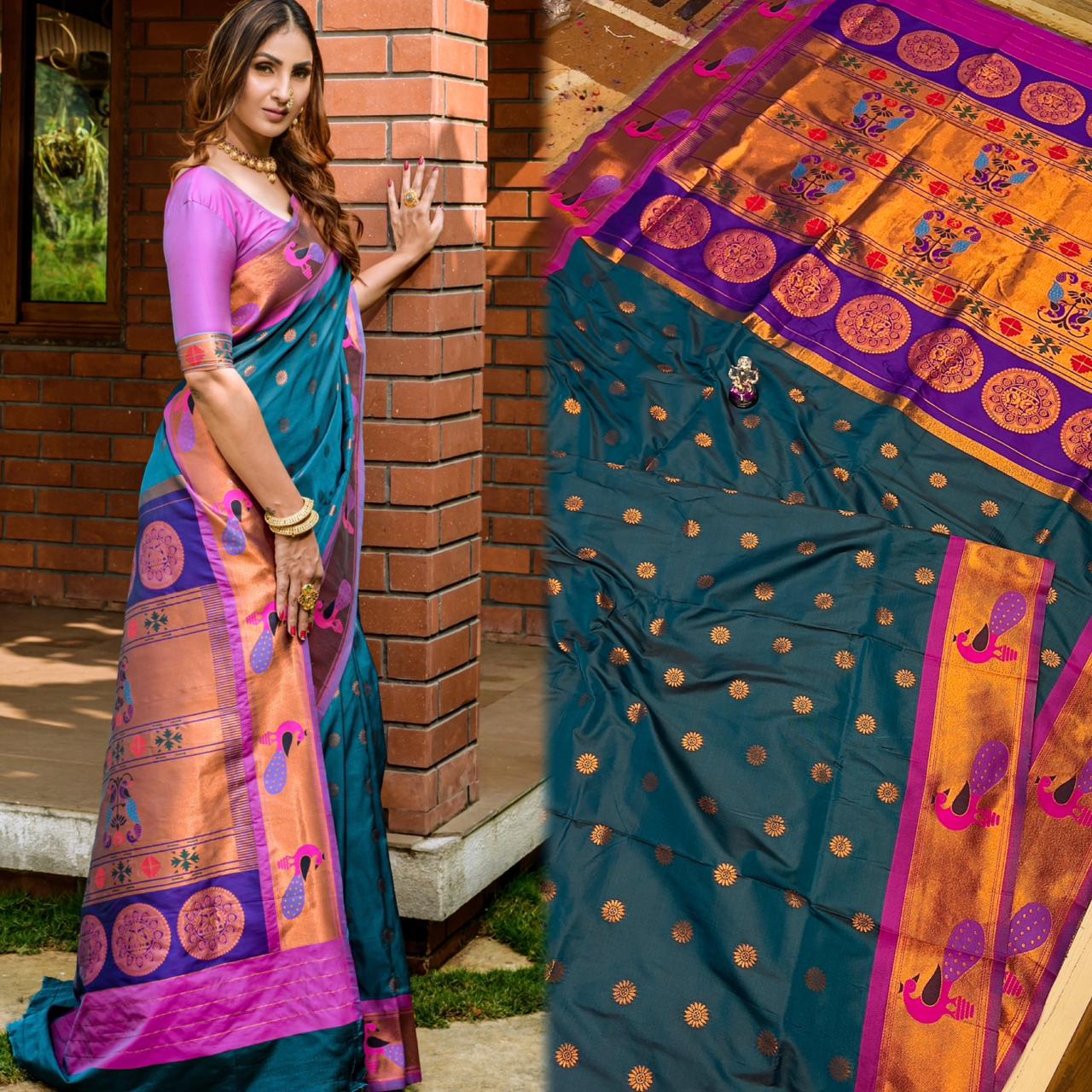 Blue uniquely designed semi-paithani saree, contrast border & pallu of  floral designs