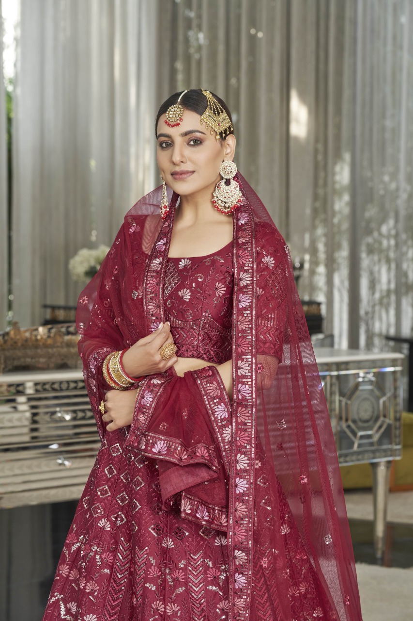 Bridal Wear Red Color Velvet Heavy Embroidered Designer Lehenga Choli -  DRESSTIVE - 3820748