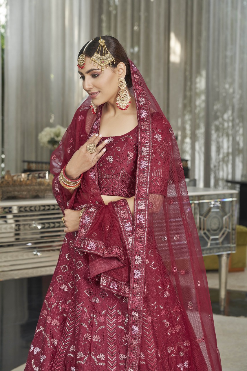 Wine Net Wedding Wear Thread Work Lehenga Choli – Rakhi Stores