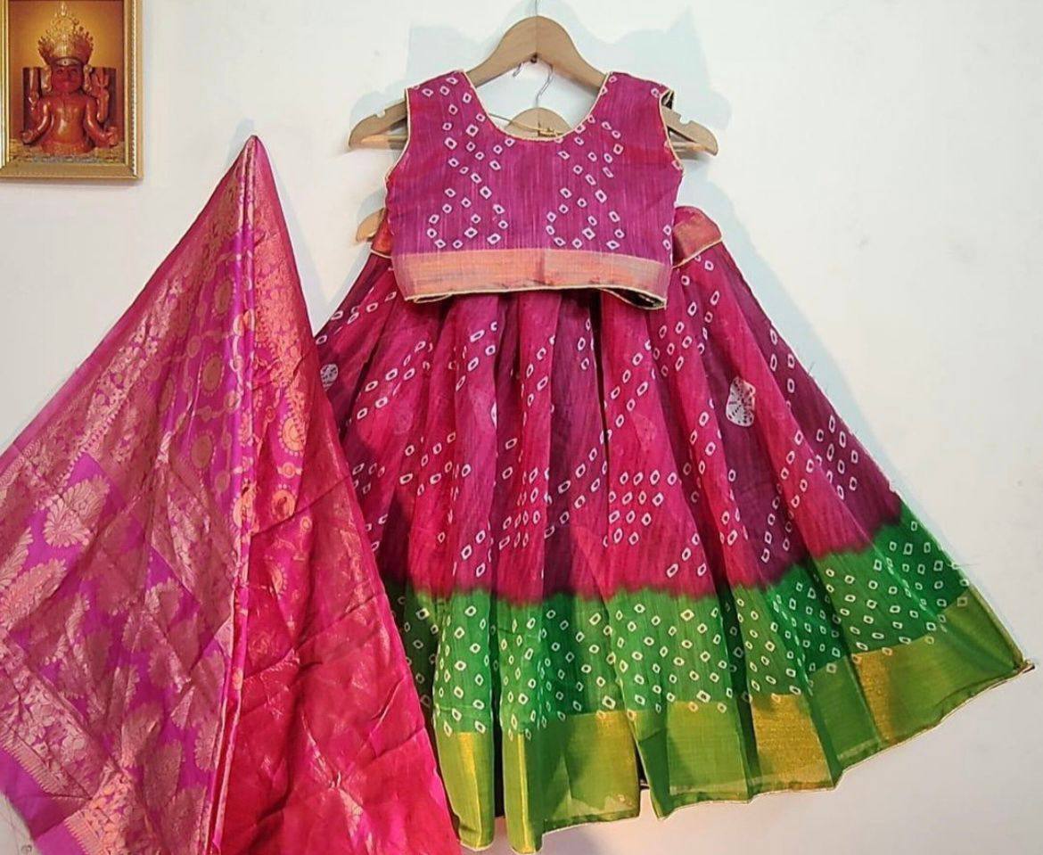 Raw silk readymade kids lehenga parrot green and pink with patch work –  Prashanti Sarees