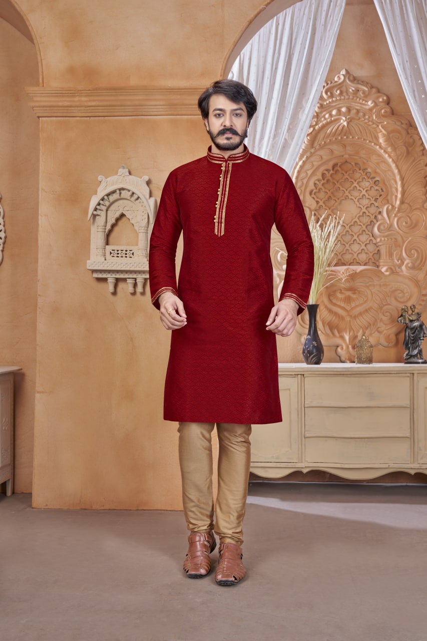 Men Wine Color Embroidery Long Kurta Pajama Set – Ethnic India