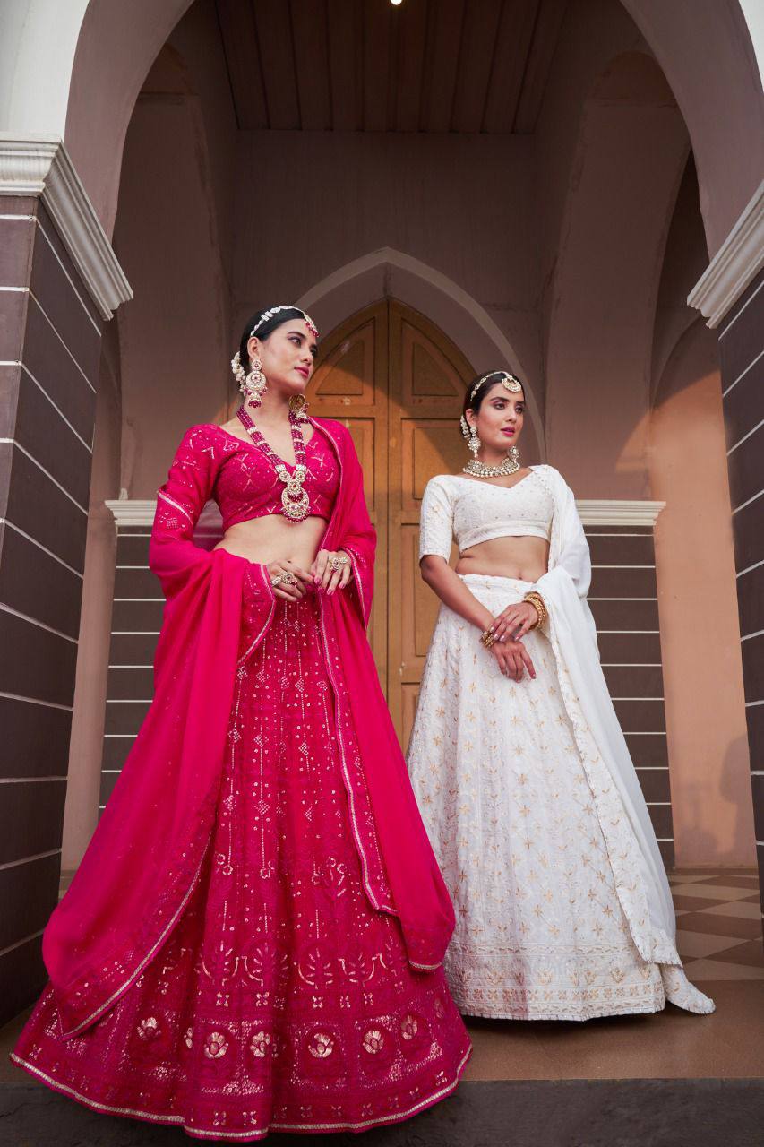 Party Wear White Red Silk Thread With Bridal Embroidered Lehenga Choli -  VJV Now - India