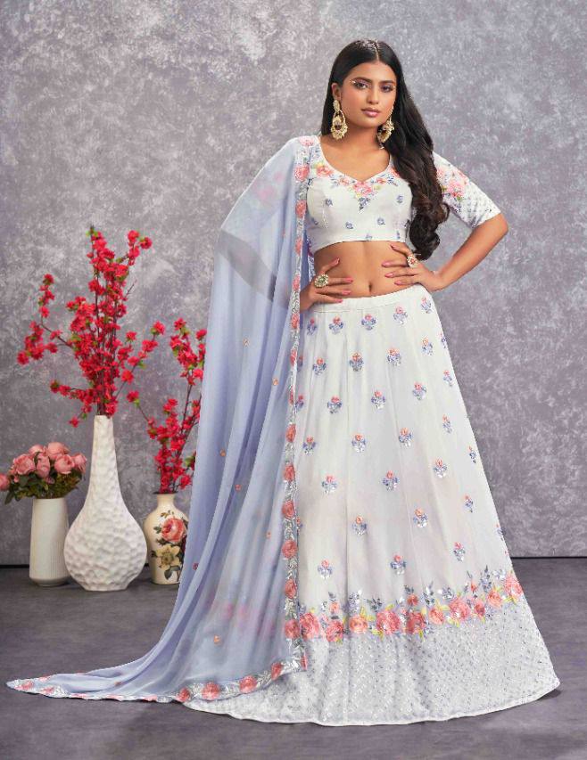 Designer Wear White Frills Lehenga Wedding Party Lengha Choli Floral  Lehanga | eBay
