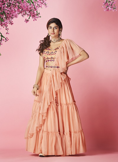 Pleasing Peach Color Georgette Base With Sequins And Resham Work Lehenga  Choli