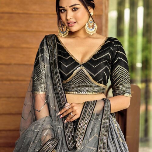 Black sequins Chinon Reception wears Lehenga choli For Girls.