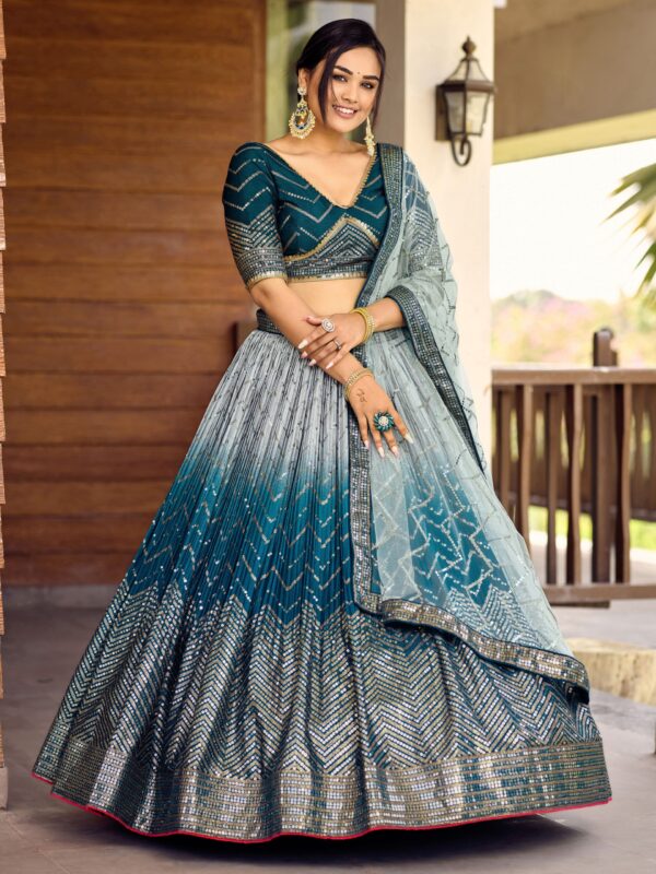 Blue sequins Chinon Reception wears Lehenga choli For Girls. - Image 2