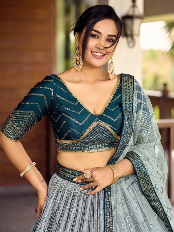 Blue sequins Chinon Reception wears Lehenga choli For Girls. - Image 5