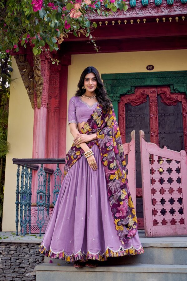 Designer Lehenga With Vichitra Silk Fabric In Luvender Color.