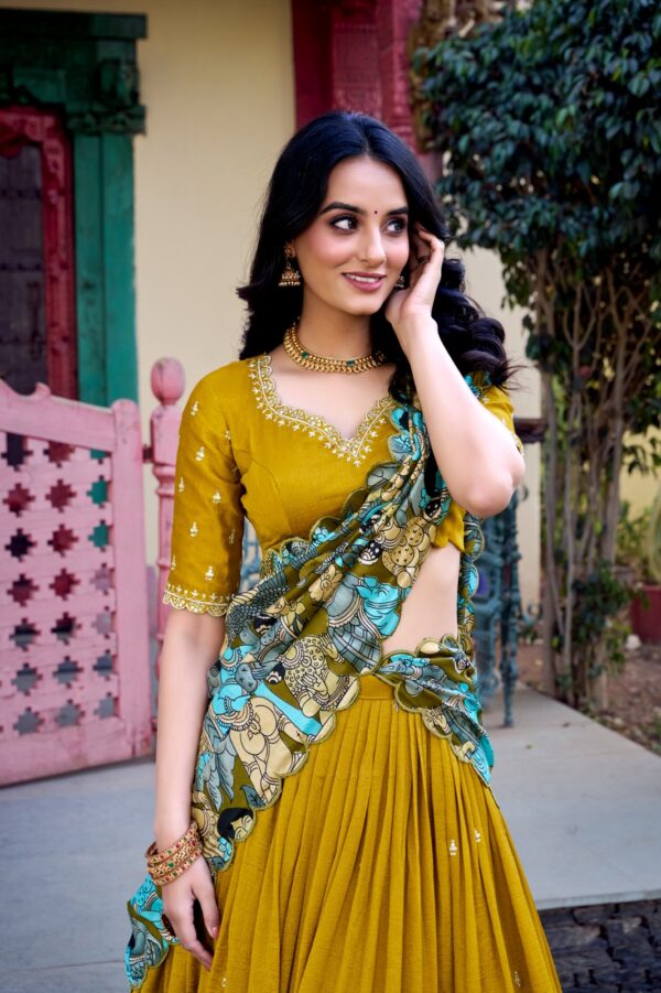 Designer Lehenga With Vichitra Silk Fabric In Mustard Color.