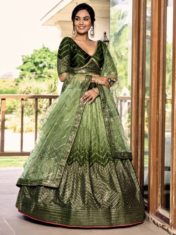 Green sequins Chinon Reception wears Lehenga choli For Girls. - Image 2