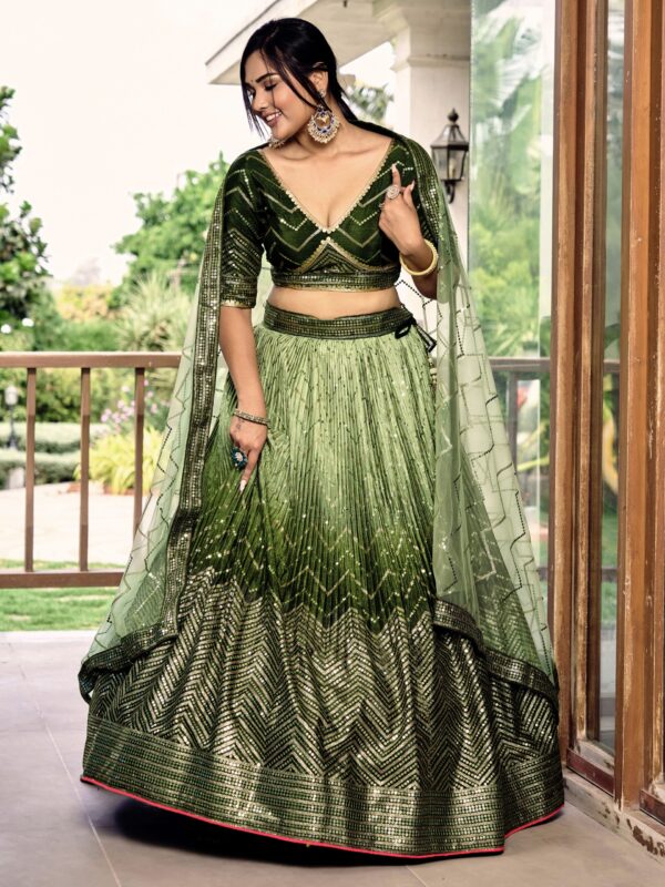 Green sequins Chinon Reception wears Lehenga choli For Girls. - Image 3