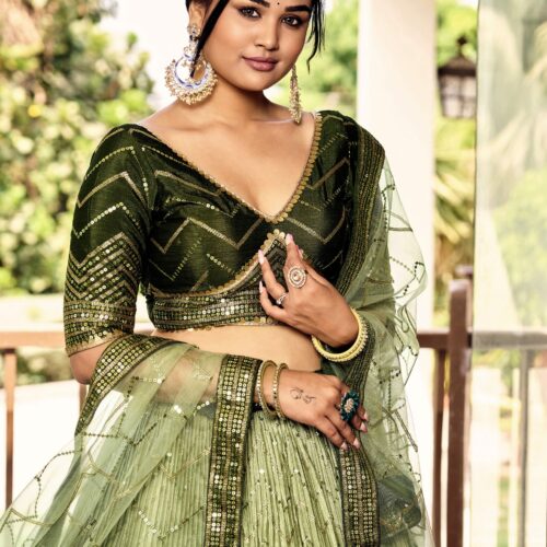 Green sequins Chinon Reception wears Lehenga choli For Girls.