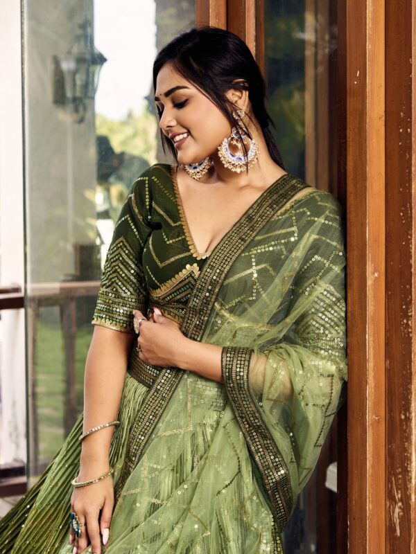 Green sequins Chinon Reception wears Lehenga choli For Girls. - Image 7