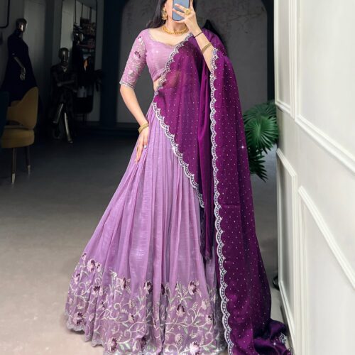 Lehenga Collection Of 2025 With Glossy Fabric In Luvender color.