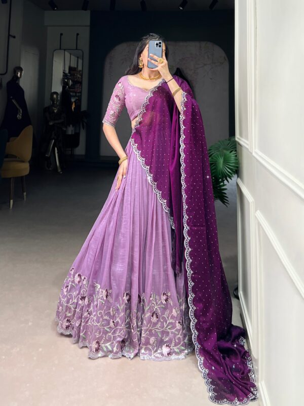 Lehenga Collection Of 2025 With Glossy Fabric In Luvender color.