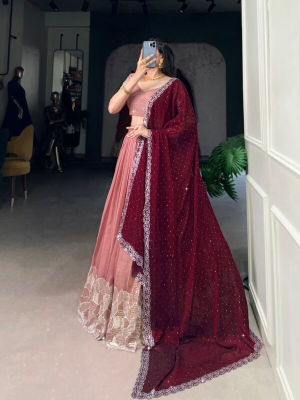 Lehenga Collection Of 2025 With Glossy Fabric In Peach color. - Image 2