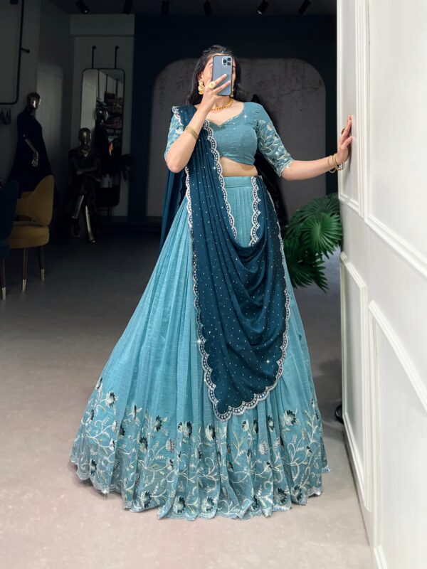 Lehenga Collection Of 2025 With Glossy Fabric In Sky Blue color.