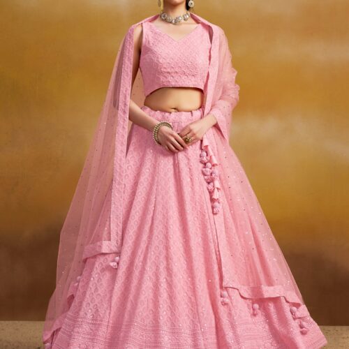 Make Stylish Look With Baby Pink Color Georgette Lehenga choli.