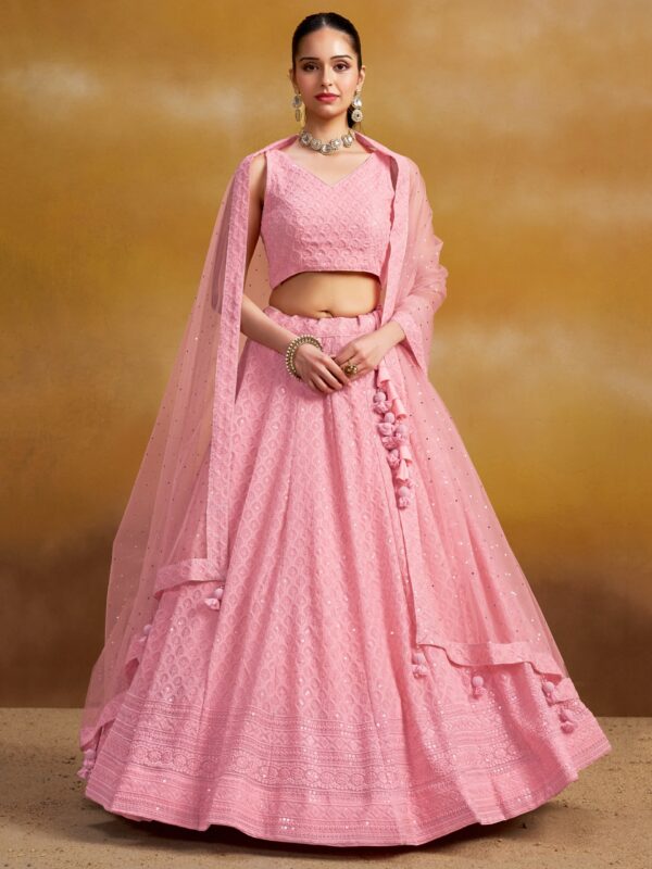 Make Stylish Look With Baby Pink Color Georgette Lehenga choli.