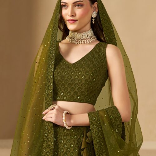 Make Stylish Look With Mahendi Color Georgette Lehenga choli.