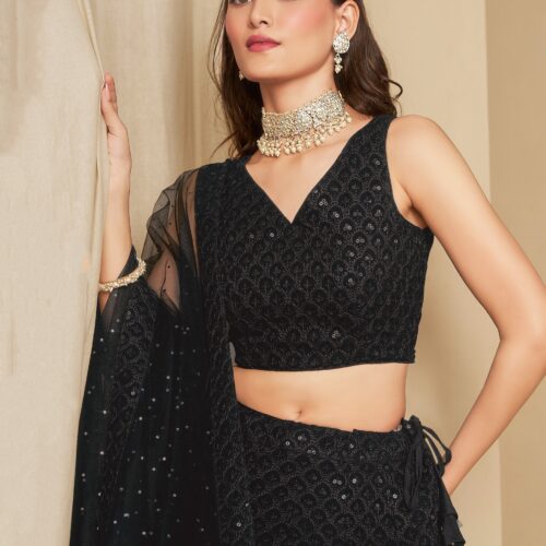 Make Stylish Look With This Black Color Georgette Lehenga choli.