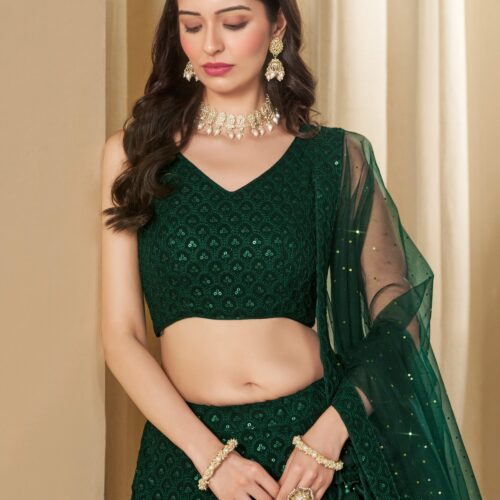 Make Stylish Look With This Green Color Georgette Lehenga choli.