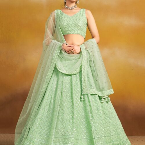 Make Stylish Look With This Mint Color Georgette Lehenga choli.