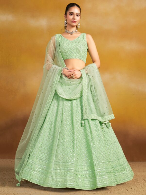 Make Stylish Look With This Mint Color Georgette Lehenga choli.