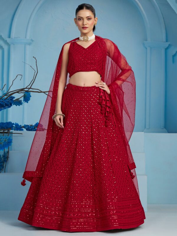 Make Stylish Look With This Red Color Georgette Lehenga choli. - Image 2