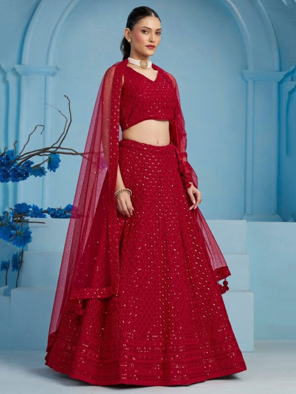 Make Stylish Look With This Red Color Georgette Lehenga choli. - Image 3