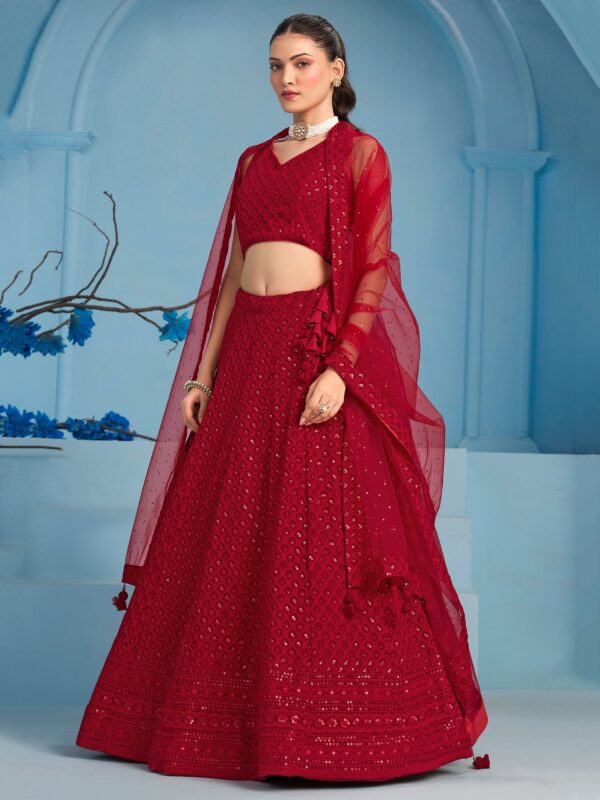 Make Stylish Look With This Red Color Georgette Lehenga choli. - Image 4