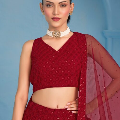 Make Stylish Look With This Red Color Georgette Lehenga choli.