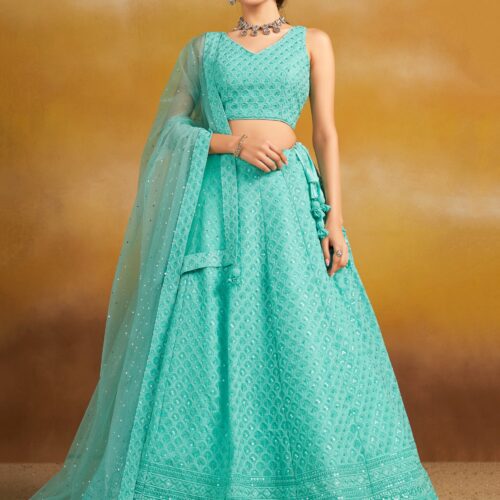 Make Stylish Look With This Sky Color Georgette Lehenga choli.