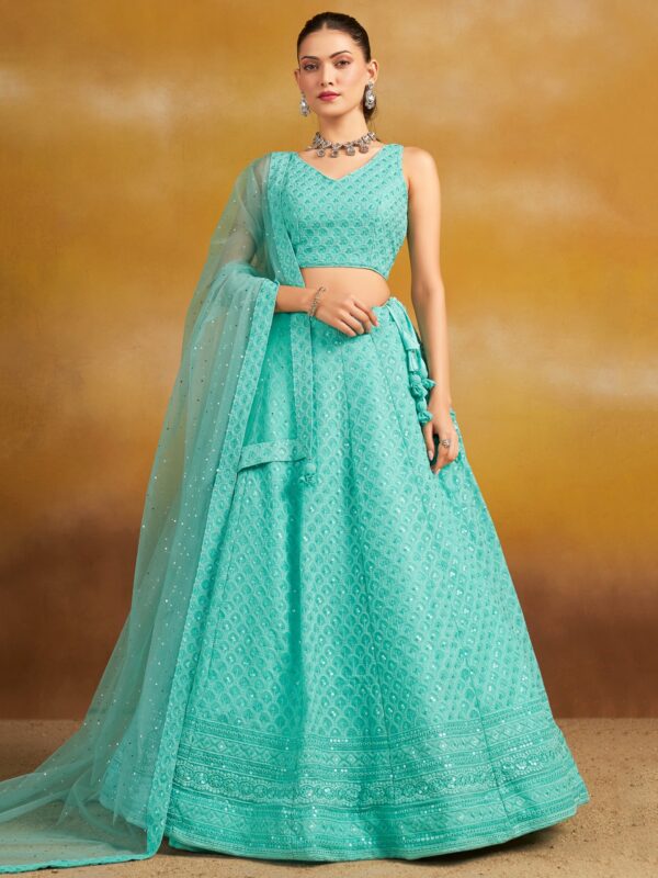 Make Stylish Look With This Sky Color Georgette Lehenga choli.