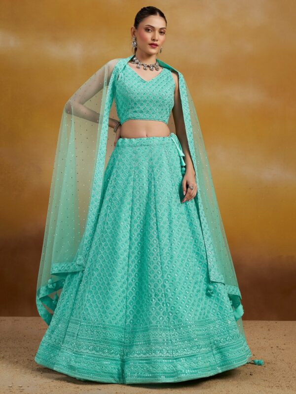 Make Stylish Look With This Sky Color Georgette Lehenga choli. - Image 2